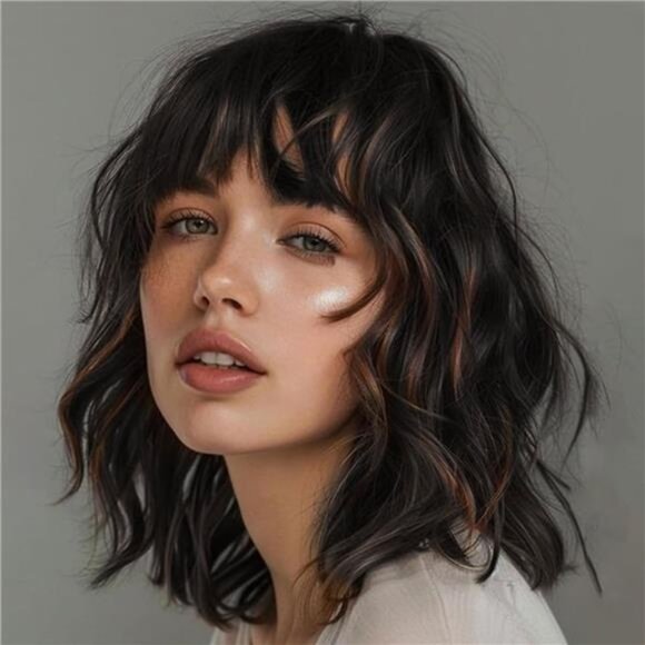 Black Mix Brown Wig with Bangs Short Wavy Wigs for Women Shoulder Length